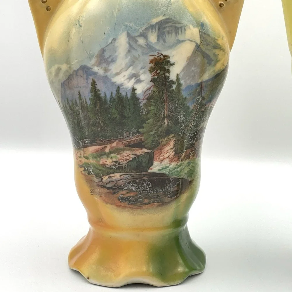 Antique Pair German Porcelain Scenic Mountain Landscape Double Handle Vases 10